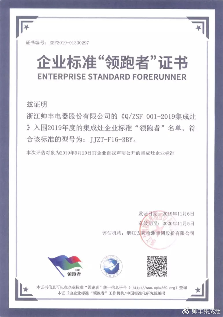 喜報：帥豐獲評企業(yè)標(biāo)準(zhǔn)“領(lǐng)跑者”，引領(lǐng)行業(yè)高質(zhì)量發(fā)展！