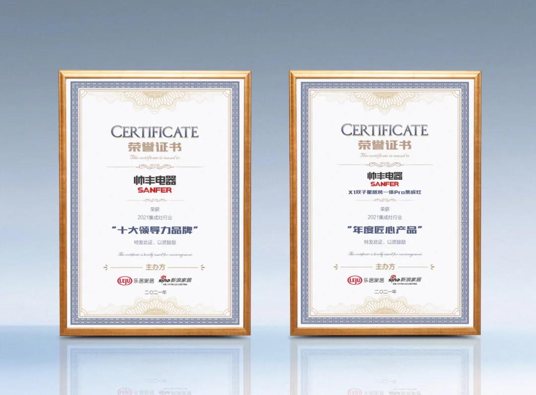 喜報！帥豐榮獲新浪家居2021集成灶行業(yè)“十大領導力品牌”和“年度匠心產品”雙獎殊榮