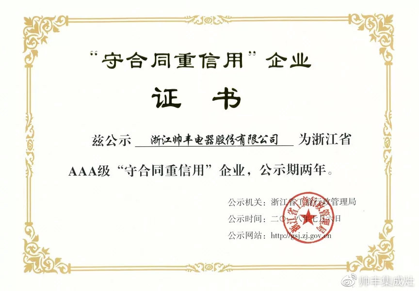 榮譽再加冕！帥豐電器榮獲浙江省AAA級“守合同重信用”企業(yè)