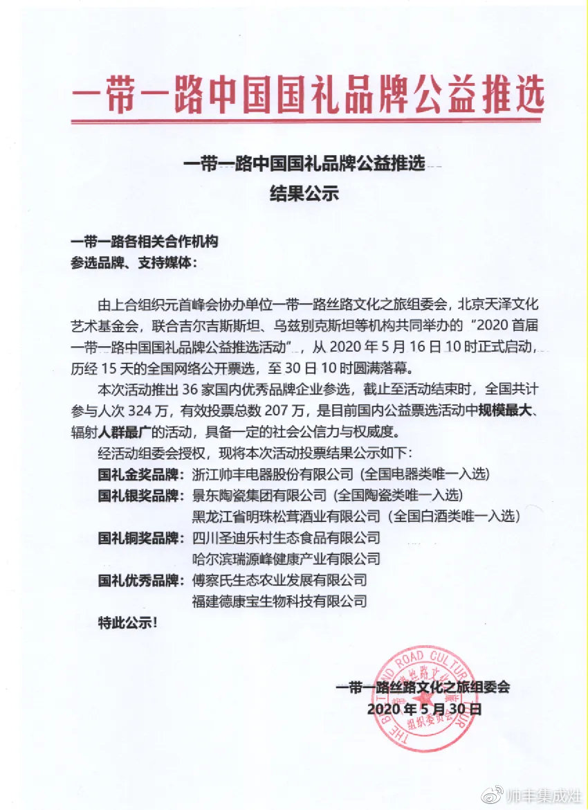 喜報(bào) | 行業(yè)唯一！帥豐集成灶獲一帶一路國(guó)禮金獎(jiǎng)品牌