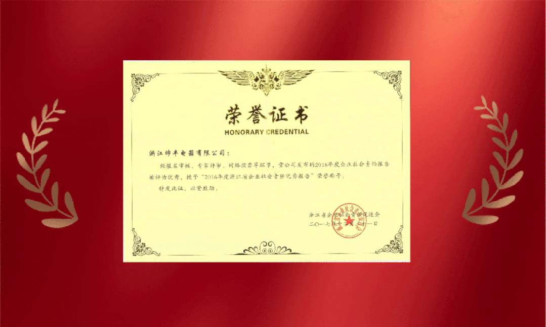 帥豐電器榮獲“2020浙江省企業(yè)社會責(zé)任優(yōu)秀報告”稱號